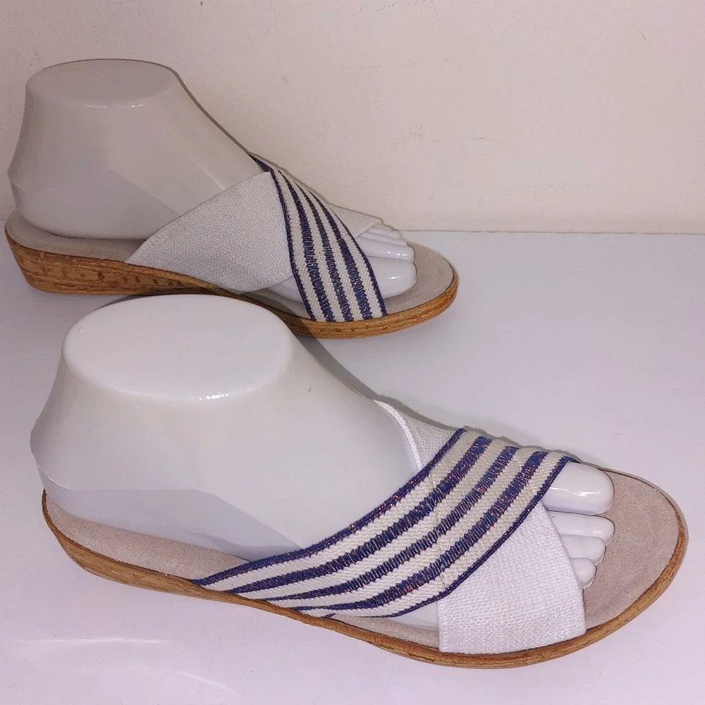 Striped Canvas Wedge Sandals Womens Size 6 White Navy Blue Nautical EUC